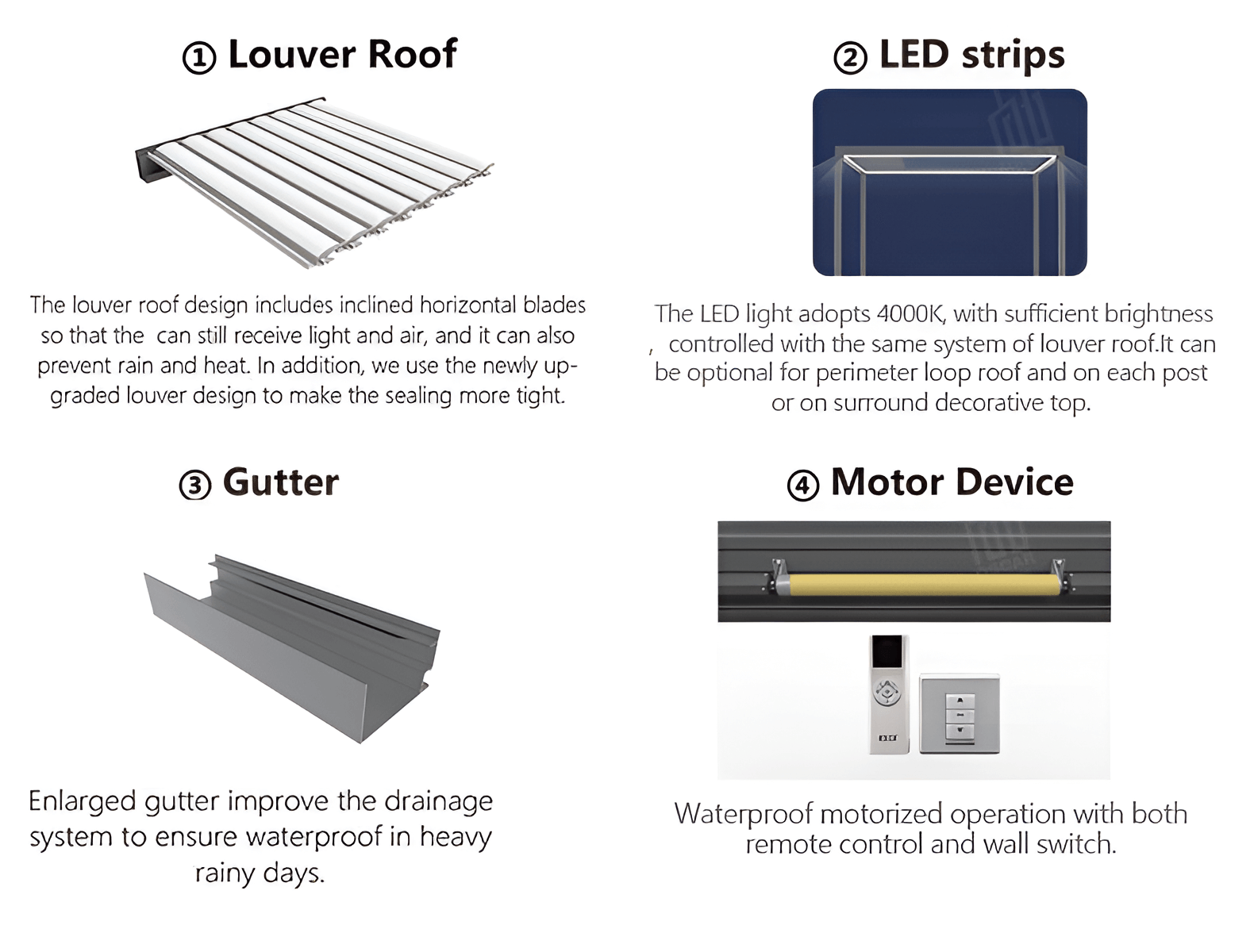 motorized aluminum pergola with led